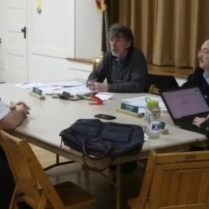 Nick Bryant, service chief of Central Lincoln County Ambulance Service, seated left, meets with Edgecomb selectmen Feb. 11. JANE CARPENTER/Boothbay Register