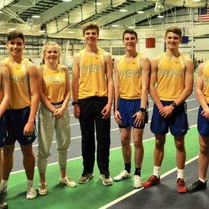 Seahawks warming up take a break for a photo at the Jan. 25 USM meet. From left are Mason Erhard, Graham Harris, Kate Wickline, Nathan Chatterton, Will Perkins, Fox Elder and Ryan Russell. Courtesy of Kerrin Erhard