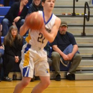 Boothbay senior Brett Hollowell scored two of his 14 points on the opening tip during his final home game Feb. 6 in the Seahawks’ 101-36 victory over Telstar. BILL PEARSON/Boothbay Register