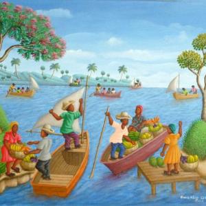 “Market by Boat,” by Haitian artist Amerlin Delinois, will be sold at the annual Haitian dinner March 1. Courtesy photo