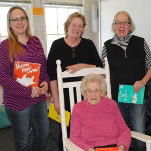 Three generations: Jean Thompson in rocker with, from left, granddaughter Carrie Koskela, and daughters Anne Maher and Marylou Koskela at Southport Central School March 1. Courtesy of Eileen Higgins