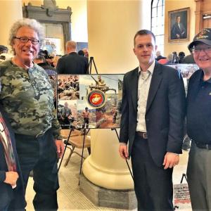 Meeting U.S. Representative and Marine Corps veteran Jared Golden (third from left) at the State House on March 29 are Chapin Hartford, Marine Corps veteran Barry Sherman and Marine Corps veteran Jim Singer. Sarah Sherman photo