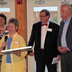 Kim Martin from Eventide accepting the award for the Best Small Business, along with Chamber board members, Elaine Jones and Ken Rayle, and Senator Angus King in 2018. Courtesy photo