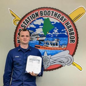 MK3 Jeffery Legrand is CG Station Boothbay Harbor’s Sailor of the Quarter, an honor voted on by station personnel in recognition of exemplary service to the Coast Guard and for his support of the members of the station crew. Photo by Bruce MacCormac