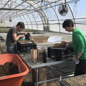 TVFF farmers Sara Cawthon and Kaitlyn Gardner seed onions in preparation for the 2019 growing season. Courtesy of Coastal Rivers Conservation Trust