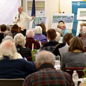 Ken F-Fitch, president of Boothbay Harbor Waterfront Preservation presenting plans for the Eastside Waterfront Park to a full house at the Rotary Club. Courtesy of Susan Craig