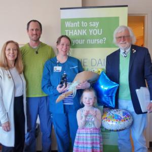 The DAISY Award was presented to LincolnHealth’s Erika Fairfield, RN on May 7 at the Miles Campus in Damariscotta. Pictured from left are Bonnie Barnes, DAISY Foundation president and CEO; Paul Sveum, Fairfield’s husband; Ericka Fairfield, RN; Elodie Page, Fairfield’s daughter; and Mark Barnes, DAISY Foundation chairman. Courtesy of LincolnHealth