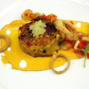 Aaron Nurse’s Peekytoe crab cake, sweet corn, harissa emulsion, scallion relish, and a lime caviar. STEVE EDWARDS/Boothbay Register