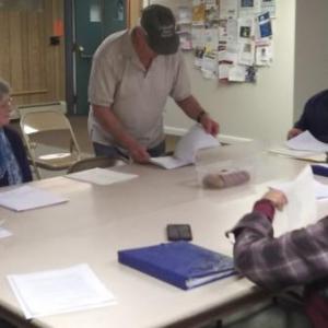 Revs. Sandy Daly, second from left, and Roger Daly, standing, met with the Edgecomb Planning Board June 20 to review plans for a home at 107 Shore Road. JANE CARPENTER/Boothbay Register