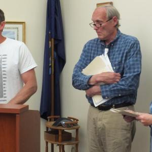 During a June 12 pre-application hearing, Eben Wilson, left, explained to the Boothbay planning board his proposal for Barlow Wharf, LLC. BILL PEARSON/Boothbay Register