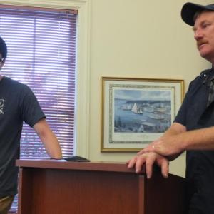 Boothbay Region Television station manager Cody Mitchell, left, and his father, local businessman Win Mitchell, encourage selectmen to renegotiate the town’s cable franchise agreement with Spectrum following new legislation which improves municipalities’ bargaining position. BILL PEARSON/Boothbay Register