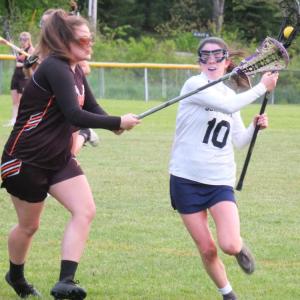 Boothbay senior Reagan Cola had three goals May 31 against the combined Hall-Dale/Gardiner team in schoolgirl lacrosse action. Boothbay won, 9-4, and finished sixth in the Class C Heal point standings. BILL PEARSON/Boothbay Register