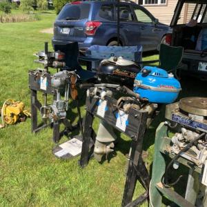 Pete Haskell of South Freeport brought a collection of outboard motors to the meetup of members of the Maine Antique Power Association at Boothbay Railway Village on Saturday. CRAIG LANCASTER/Boothbay Register Railway Village, engines, mechanics, Maine Antique Power Association