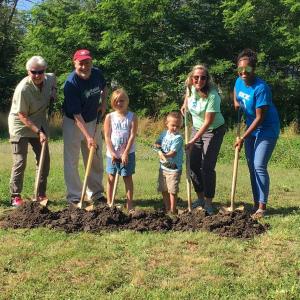 Breaking ground for Habitat’s new project on Campbell Street are, from left, Wendy Wolf, Boothbay Harbor select board; Chris Turner, Habitat board member; Emily, Graycin and Deb Hodgdon, representing the partner family; and Breanna Davis, Boothbay Region Community Resource Council. Courtesy photo