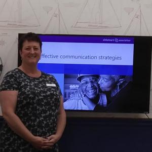 Spectrum Generations family caregiver specialist Cathy Morse provides information about communicating with Alzheimer’s patients on July 29 at the Community Center. JANE CARPENTER/Boothbay Register