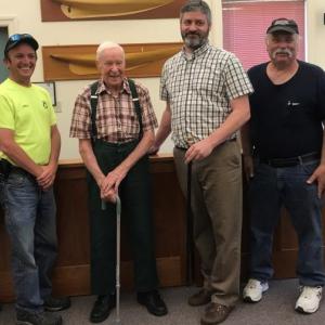 Curt West, 97, receives The Boston Post Cane July 3 at the Boothbay town office. Pictured, from left, are Selectmen Dale Harmon and Steve Lewis, Curt West, Town Manager Dan Bryer, and Selectmen Mike Tomacelli and Kristina Ford. Courtesy photo