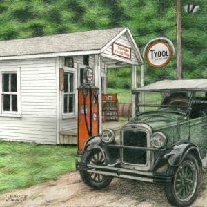 A painting of a scene at the Boothbay Railway Village by Bruce Kunath. The 1926 Chevrolet is similar to the one being donated by the Hinson family. Courtesy of the Boothbay Railway Village