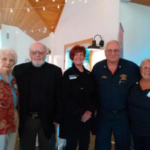 From left, Gloria Walter, Bob Walter, Alice Mutch, Daren Graves and Debbie Graves welcome hometown heroes at the Boothbay Harbor Rotary Club’s dinner Sept. 13, 2018. JANE CARPENTER/Boothbay Register
