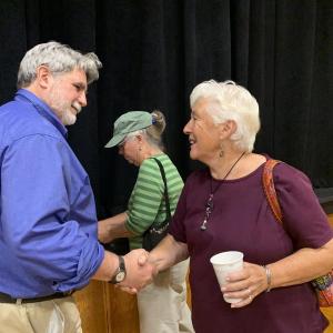 Archeologist Arthur Speiss meets South Bristol’s Donna Plummer Sept. 15 at a kickoff lecture of a Lincoln County Historical Association, Old Fort Western series in Wiscasset. SUSAN JOHNS/Wiscasset Newspaper