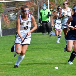 Chloe Arsenault pushes the ball toward the offensive end of the field on Wednesday. Arsenault scored five goals in Boothbay’s 6-0 win. KEVIN BURNHAM/Boothbay Register