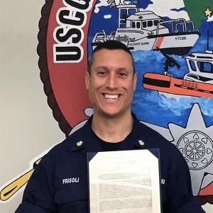 BM2 Brandon Frisoli, shown with his citation, is CG Station Boothbay Harbor’s newest Sailor of the Quarter. Courtesy of Bruce MacDormac/Coast Guard Auxiliary