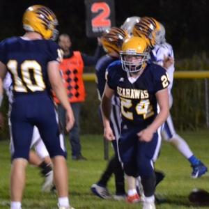 Defensive tackle No. 24 Kaden Davis has been a large presence on the field for the Seahawk defense this season. He recovered two fumbles, registered two tackles and assisted on 11 others Sept. 13 in the Seahawks’ 46-30 win over Old Orchard Beach. BILL PEARSON/Boothbay Register