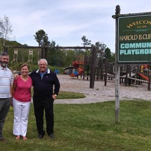 Boothbay Town Manager Dan Bryer, left, Julie Roberts and philanthropist Paul Coulombe hope to make the Clifford playground a multi-generational community space next year. The park was named for Harold B. Clifford who served as school superintendent from 1925 to 1956. JANE CARPENTER/Boothbay Register
