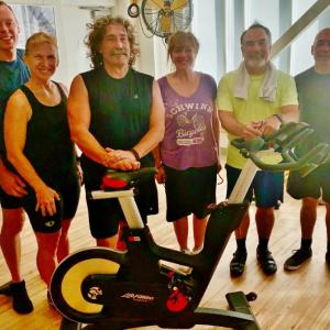 BRYMCA cycling class members, from left, David Withee, Suzanne Withee, Steve Berger, Abby Jones, Vernon Rail and Jim Loffer. Courtesy of BRYMCA