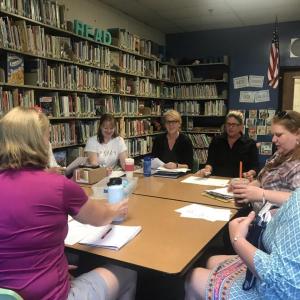 Planning the BRES PTO Walk-a-thon at a recent meeting are, clockwise from left, Lauren Brown, Sarah Baldwin, Anna Giles, Tricia Campbell, Jen Field, Joan Chatterton (BRES librarian and walkathon chairperson), Mary Baudo, Katrina Dunsmore and Gail Christopher. Courtesy photo