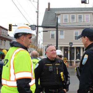 MDOT Project Manager Ernie Martin, Wiscasset Police Chief Larry Hesseltine and Officer Cory Hubert discuss where police will be stationed during signal testing. GINA HAMILTON/Wiscasset Newspaper
