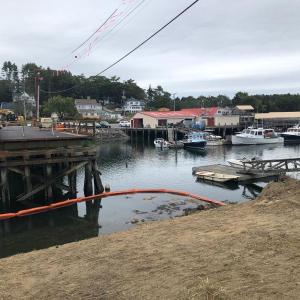 The easternmost span of Thompsons Bridge has been removed and work is progressing on the abutment. JENNY BENNETT/Boothbay Register