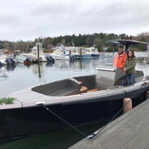 Hodgdon Yachts CEO Tim Hodgdon and sales and marketing director Audrey Hodgdon aboard the first in a line of “Crossover” tenders built by Hodgdon Yachts in its Damariscotta facility. JENNY BENNETT/Boothbay Register