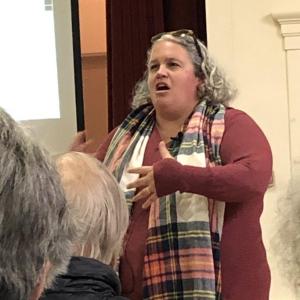 LIbby Bischof, history professor at the University of Southern Maine, speaks at Southport Town Hall. JENNY BENNETT/Boothbay Register