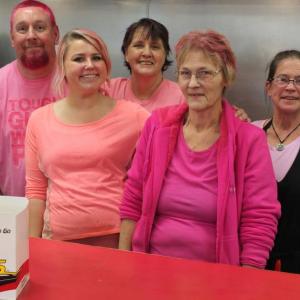 T&D Variety employees show their support for their boss, Deb Frenkel, on Oct. 30. She had breast cancer surgery. Pictured are, from left, front row, Tori Wright and Wendy Rego; back row, Darrin Darveau, Lori Eimen and Caprice Holmes. BILL PEARSON/Boothbay Register