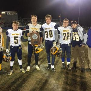 Boothbay football finished second in the small-school division of eight-man football’s inaugural season. Old Orchard Beach defeated Boothbay, 48-14, Nov. 8. Pictured, from left, Michael Cusumano, Stephen Bennett, Hunter Crocker, Nicholas Morley, Ben Rumney, Clarence Burnham and Coach Ed Crocker. BILL PEARSON/Boothbay Register