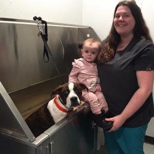 It’s been a busy start for groomer Jasmine Landmann as she begins her second week renting space at Boothbay Canine Daycare and Boarding. Landmann’s dog, Dozer, and daughter Addie May Hatch provide her company as she makes dogs beautiful. BILL PEARSON/Boothbay Register