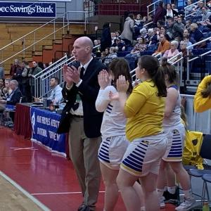 Coach Brian Blethen and Lady Seahawk players celebrate the victory after the final horn. KEVIN BURNHAM/Boothbay Register