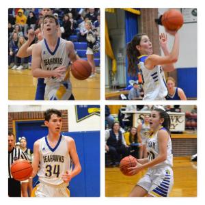 Pictured are, clockwise from upper left, Boothbay Region High School basketball players Hunter Crocker, Glory Blethen, Chloe Arsenault and Ben Pearce. File photos