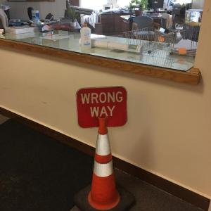 Boothbay municipal office visitors are greeted with signs and arrows directing traffic away from congested areas in promoting social distancing since reopening on July 1. BILL PEARSON/Boothbay Register