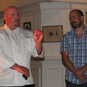 Spruce Point Inn executive chef Rick Koplau and Blue Barren Distillery co-owner Andrew Stewart describe the creations during a four-course dinner party Aug. 7. BILL PEARSON/Boothbay Register