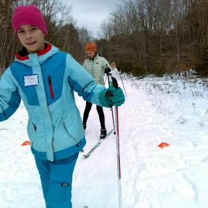 On the trail of a ski clinic session at Hidden Valley Nature Center. Courtesy of Midcoast Conservancy