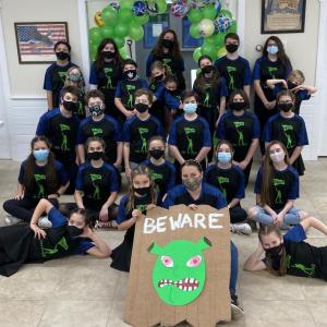 The 2021 Y Arts cast of “Shrek” with Director, Emily Mirabile at the Boothbay American Legion Hall. Courtesy of Emily Mirabile