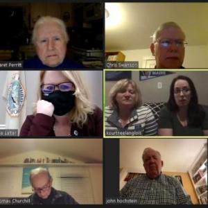 From top: Code Enforcement Officer Geoff Smith, planning board member Margaret Perritt, Vice
Chair Chris Swanson, member Bill Hamblen, alternate Jon Dunsford, Town Manager Julia Latter, applicants Laurie Dickinson and Kourtnee Langlois, alternate Lee Corbin, Chair Tom Churchill and member John Hochstein. Zoom screenshot