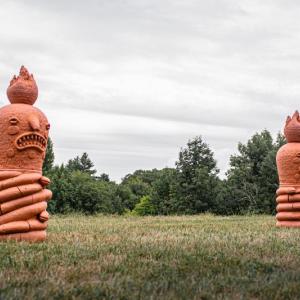 “Cosmic Portals” by The Color Network artist Natalia Arbelaez installed on Watershed Center for the Ceramic Arts’ campus in 2020. Courtesy of Claire Brassil Portals by artist Natalia Arbelaez