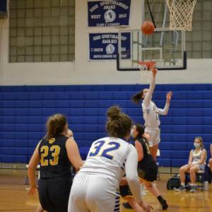 Boothbay senior Glory Blethen launched a deep 3-pointer Feb. 15 which resulted in her scoring her 1,000th career point against Medomak Valley. BILL PEARSON/Boothbay Register