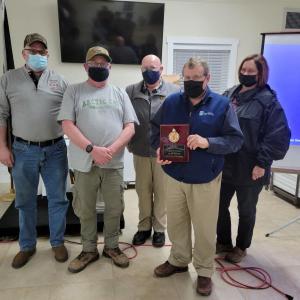 Present for honoring Sergeant Joel Davis are, from left, Edgecomb Fire Chief and Association Vice President Roy Potter, South Bristol Fire Chief and Association President Mark Carrothers, Senior Investigator Kenneth MacMaster, Sergeant Joel Davis (retired), and Sergeant Mary MacMaster, Office of Maine State Fire Marshal. Courtesy of Lynn Martin