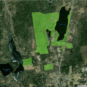 Boothbay Region Water District properties in Adams Pond and Knickerbocker Lake watershed (shown here highlighted in green) are closed to ATVs. These properties remain open to non-motorized public access, including hunting. Courtesy of BRWD