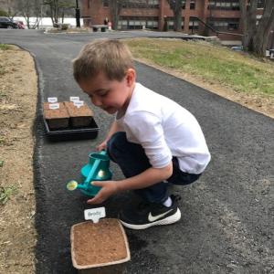 Brody Campbell waters his seeds. Courtesy of Kate Rice/BRES