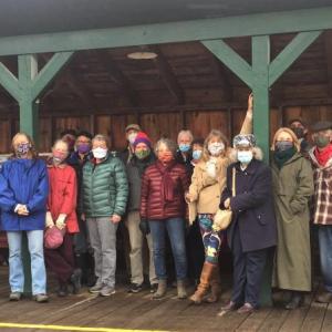 The Tapestry Singers wait for a train at WW&F Railway Museum in Alna and performance time! LISA KRISTOFF/Boothbay Register