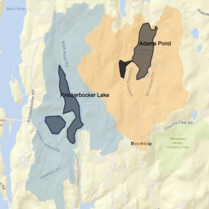 If you live within the Adams Pond and Knickerbocker Lake watersheds (shaded areas of map), your property improvement project may be eligible for a Boothbay Region Water District lake-friendly grant. Courtesy of BRWD